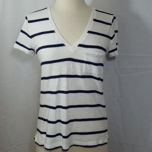 Madewell White and Blue Striped V-neck T-shirt